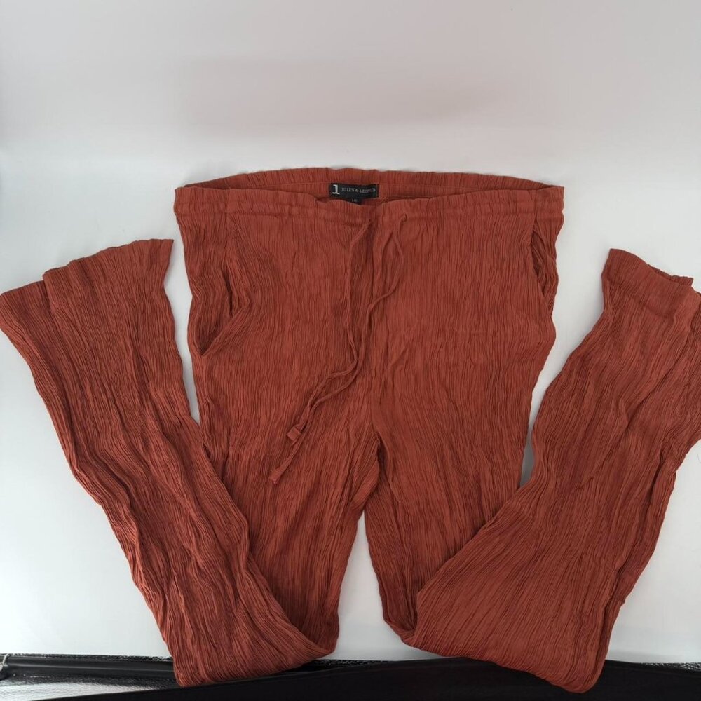 Jules & Leopold Brown tan crinkle crepe flare drawstring pants Large